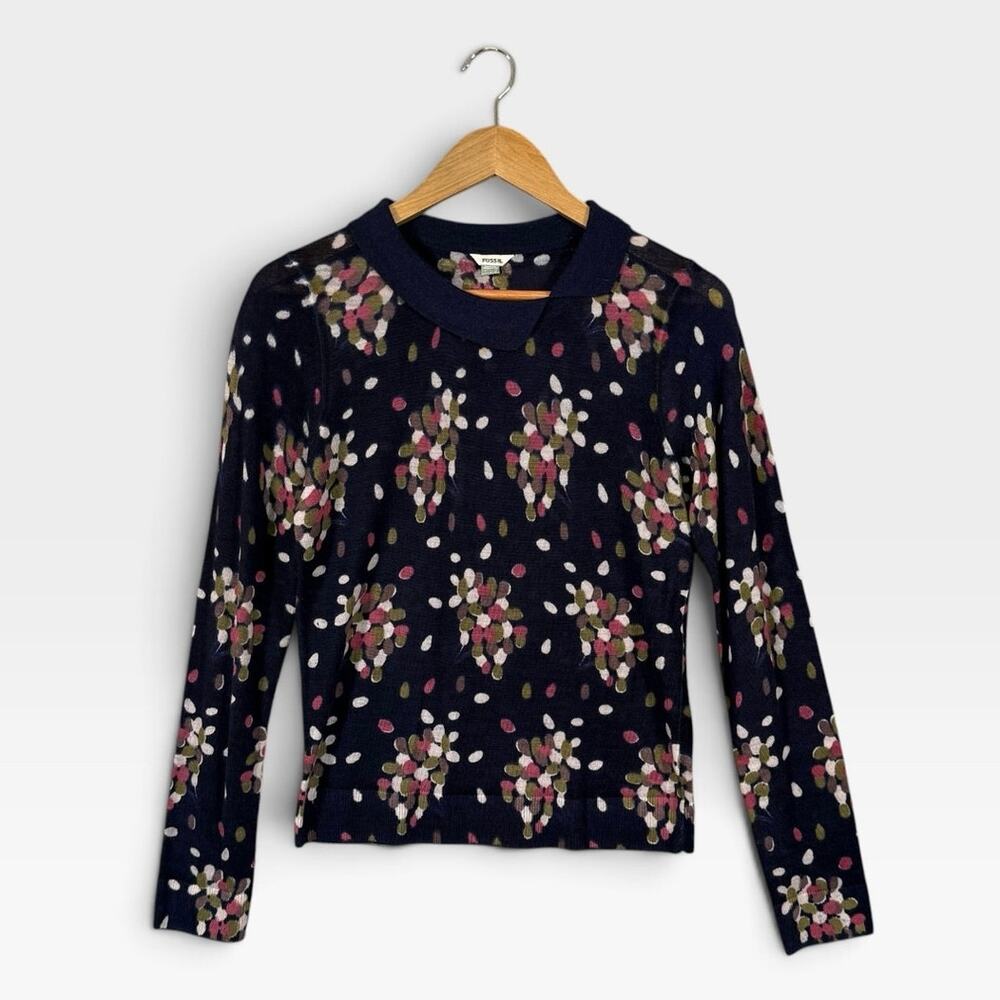 Fossil 100% Wool Sweater Medium Navy Semi Sheer Abstract Floral Print Vtg Style